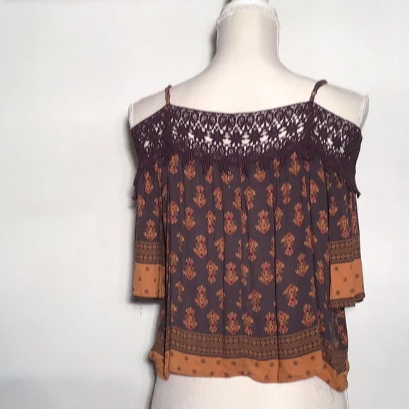 LA HEARTS  off the shoulders crop top plum golden yellow geo paisley patterns S - Picture 2 of 6